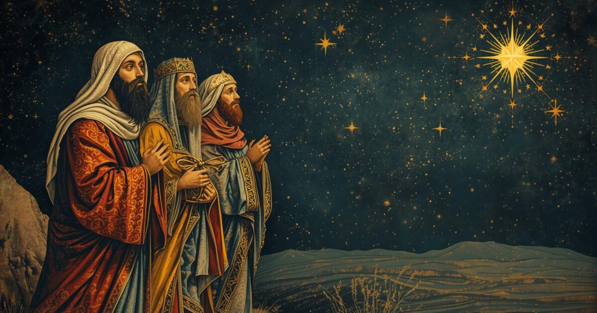 Três reis observando uma estrela.