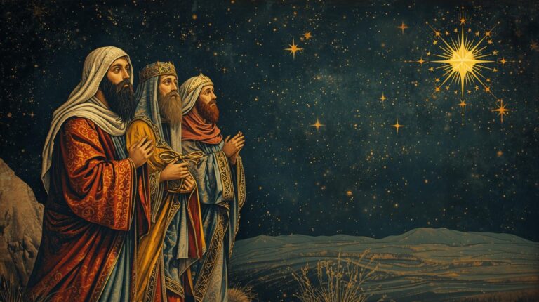 Três reis observando uma estrela.