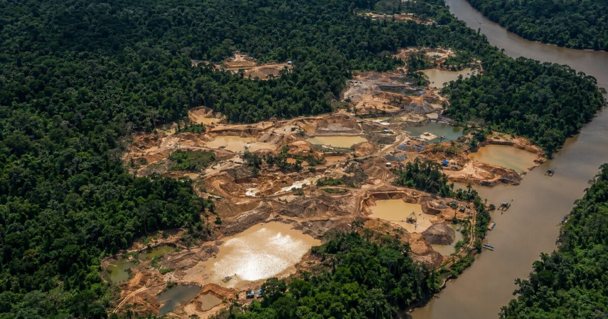 Alerta de Malária na Amazônia Usa Dados de Garimpo por Satélite 1 Área de garimpo ilegal na Amazônia vista de cima, próxima a um rio
