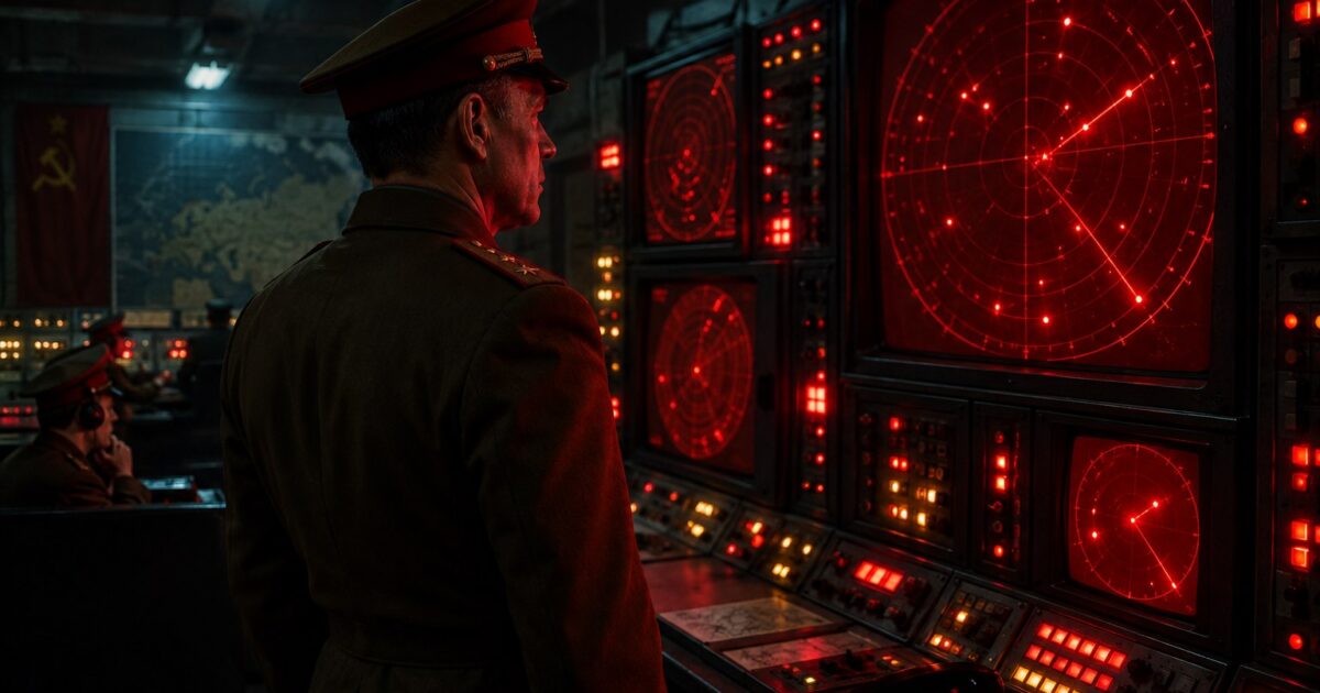 Stanislav Petrov: o Homem que Impediu uma Guerra Nuclear em 26 de Setembro 1 Bunker soviético da Guerra Fria com telas de radar, ilustrando o incidente de Stanislav Petrov em 1983