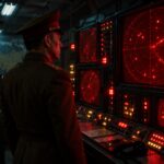 Bunker soviético da Guerra Fria com telas de radar, ilustrando o incidente de Stanislav Petrov em 1983