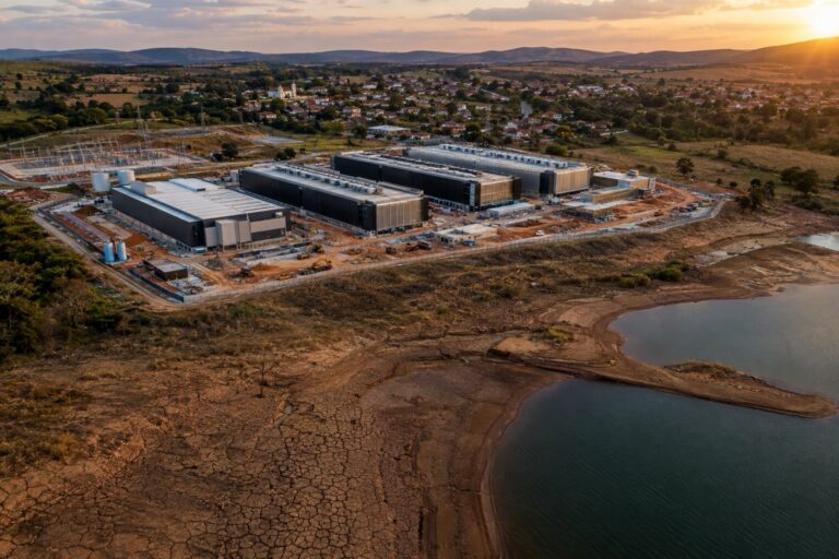 Data center em construção ao lado de reservatório de água em área rural, ilustrando a crise hídrica em Paracatu