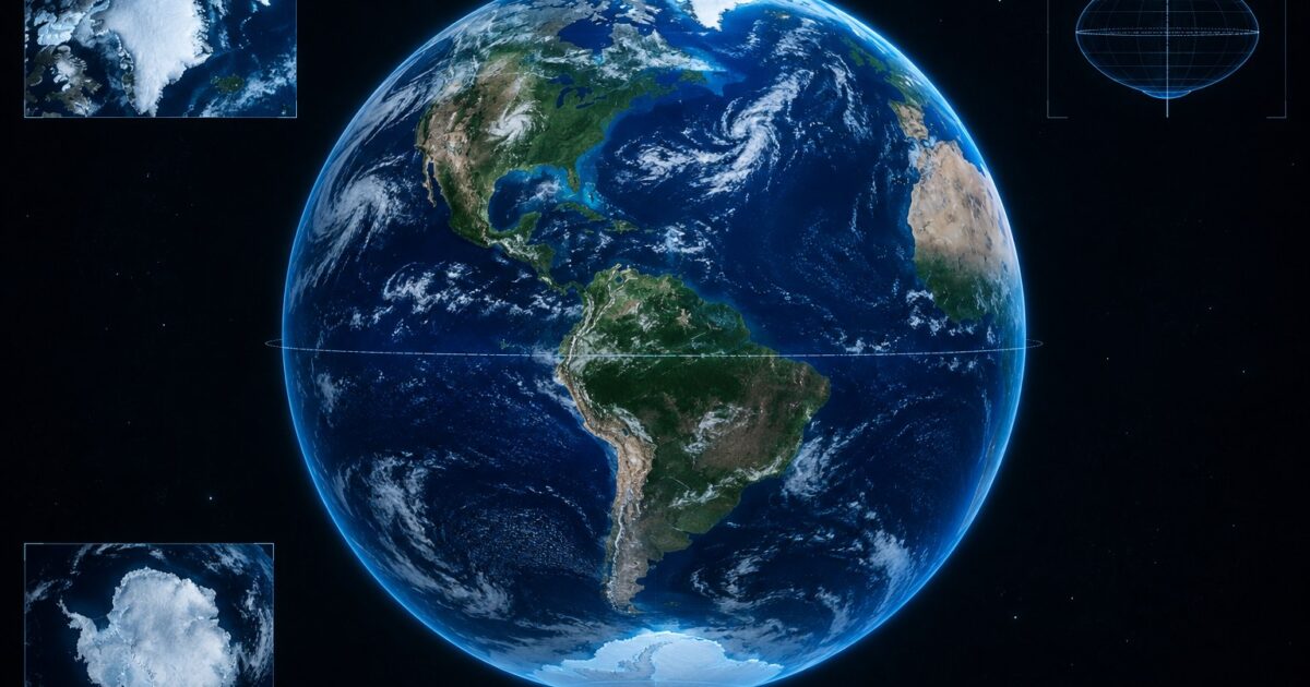 Formato da Terra Está Mudando: Cientistas Revelam a Causa 1 Ilustração científica realista da Terra vista do espaço, com destaque sutil para os polos ligeiramente mais elevados e u…