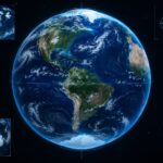Ilustração científica realista da Terra vista do espaço, com destaque sutil para os polos ligeiramente mais elevados e u…