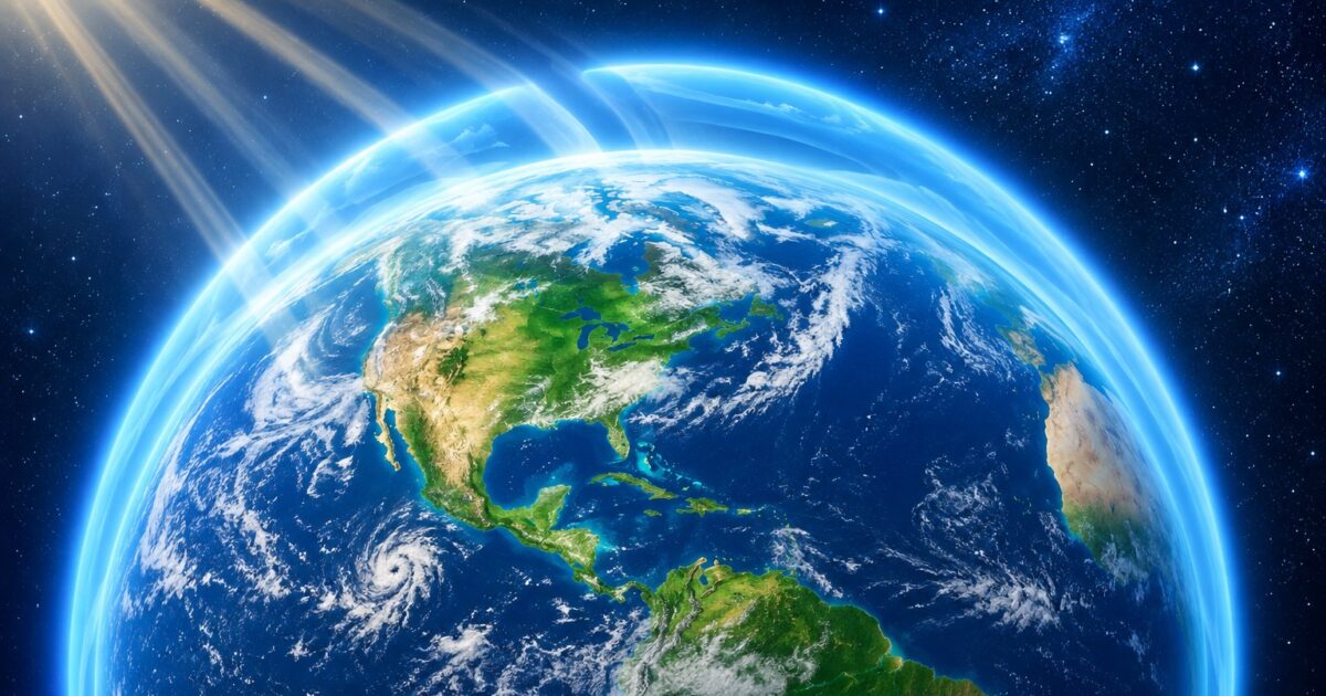 Ilustração da camada de ozônio protegendo a Terra, representando o Dia Internacional da Camada de Ozônio