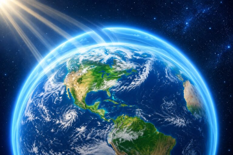 Ilustração da camada de ozônio protegendo a Terra, representando o Dia Internacional da Camada de Ozônio
