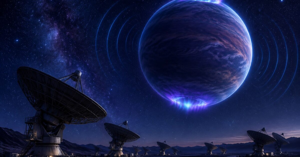 Ilustração de exoplaneta emitindo aurora e sinal de rádio, com radiotelescópios em primeiro plano