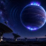 Ilustração de exoplaneta emitindo aurora e sinal de rádio, com radiotelescópios em primeiro plano