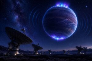 Astrônomos Captam pela Primeira Vez um Sinal de Rádio de Exoplaneta 17 Ilustração de exoplaneta emitindo aurora e sinal de rádio, com radiotelescópios em primeiro plano