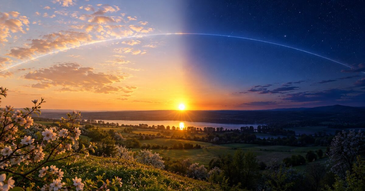 Equinócio de Setembro 2026: a Hora Exata em que a Primavera Começa no Brasil 1 Ilustração do equinócio de setembro com o sol nascendo exatamente no leste, dividindo dia e noite em partes iguais