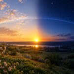 Ilustração do equinócio de setembro com o sol nascendo exatamente no leste, dividindo dia e noite em partes iguais