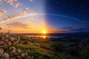 Equinócio de Setembro 2026: a Hora Exata em que a Primavera Começa no Brasil 17 Ilustração do equinócio de setembro com o sol nascendo exatamente no leste, dividindo dia e noite em partes iguais
