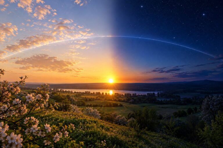 Ilustração do equinócio de setembro com o sol nascendo exatamente no leste, dividindo dia e noite em partes iguais