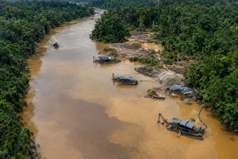 Rio amazônico com sedimentos revolvidos por garimpo ilegal, ilustrando a contaminação por mercúrio na Amazônia