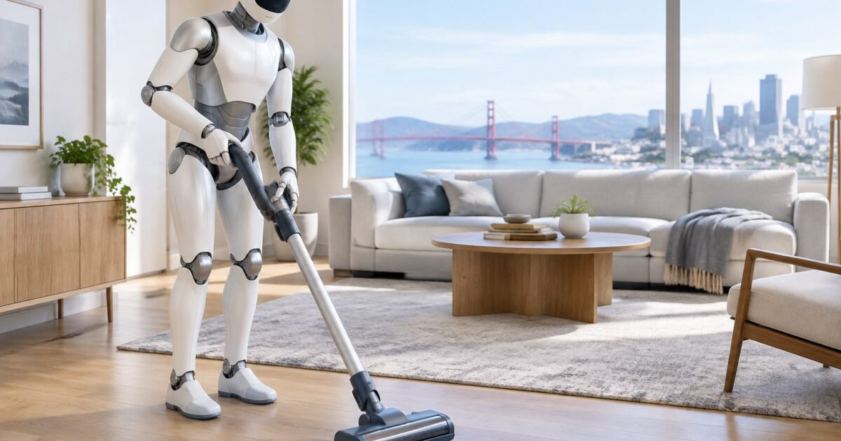 Robô humanoide de limpeza aspirando o chão de uma sala moderna