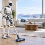 Robô humanoide de limpeza aspirando o chão de uma sala moderna