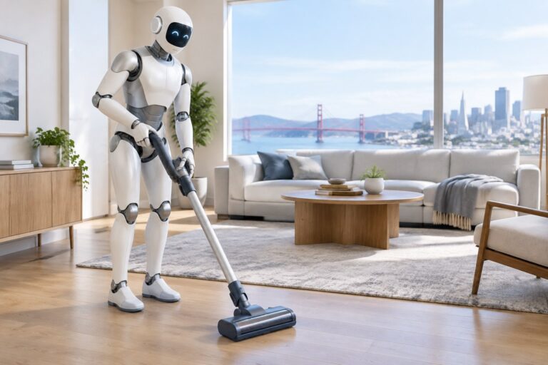 Robô humanoide de limpeza aspirando o chão de uma sala moderna