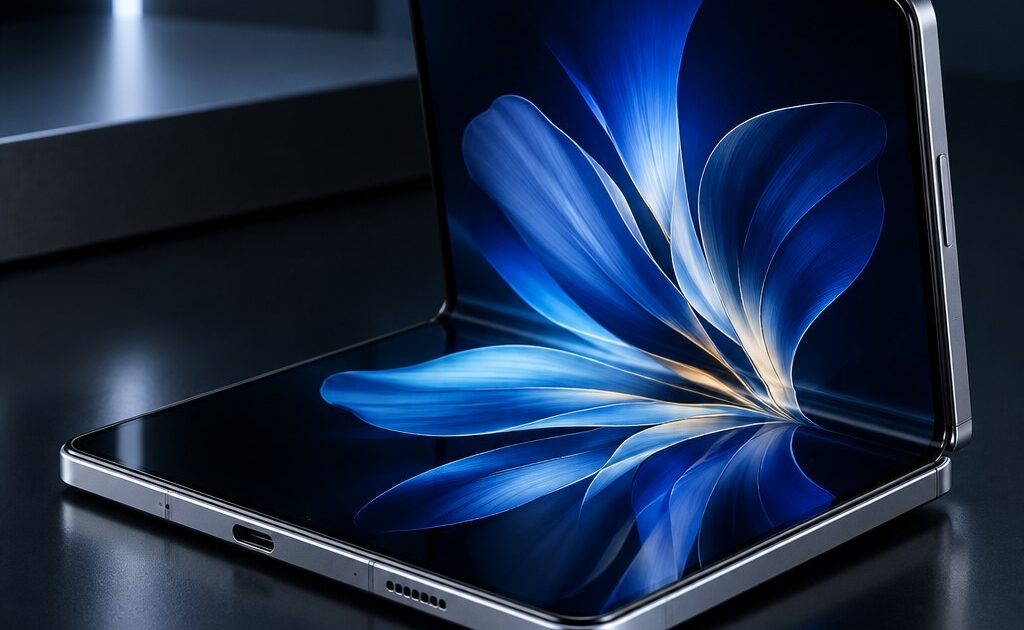iPhone Duo: o Primeiro iPhone Dobrável da Apple Chega por R$ 21.999 1 Smartphone dobrável premium moderno, meio aberto sobre uma superfície escura elegante, mostrando tela dobrável interna i…