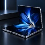 Smartphone dobrável premium moderno, meio aberto sobre uma superfície escura elegante, mostrando tela dobrável interna i…