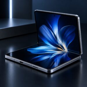 Smartphone dobrável premium moderno, meio aberto sobre uma superfície escura elegante, mostrando tela dobrável interna i…