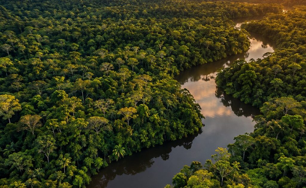 Flona do Jamanxim: Redução de Área Protegida Ameaça a Amazônia 1 Vista aérea de uma floresta amazônica densa e intocada, com um rio serpenteando entre a copa das árvores, luz dourada do…