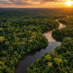 Vista aérea de uma floresta amazônica densa e intocada, com um rio serpenteando entre a copa das árvores, luz dourada do…