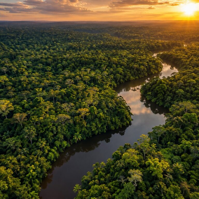 Vista aérea de uma floresta amazônica densa e intocada, com um rio serpenteando entre a copa das árvores, luz dourada do…