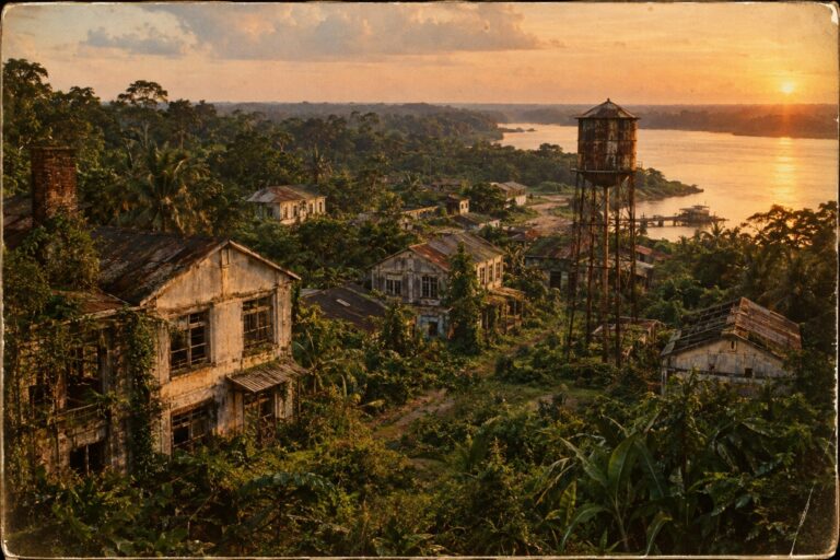 Vista da antiga cidade de Fordlândia na Amazônia, construída por Henry Ford