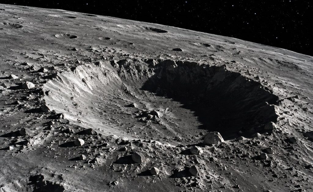 Nova Cratera na Lua Intriga a NASA: Impacto Raro que só Ocorre a Cada Século 1 Wide realistic space photograph of a fresh, sharp-edged impact crater on the Moon's gray cratered surface, dramatic side…