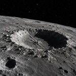 Wide realistic space photograph of a fresh, sharp-edged impact crater on the Moon's gray cratered surface, dramatic side…