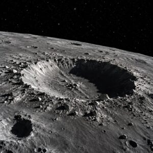 Wide realistic space photograph of a fresh, sharp-edged impact crater on the Moon's gray cratered surface, dramatic side…