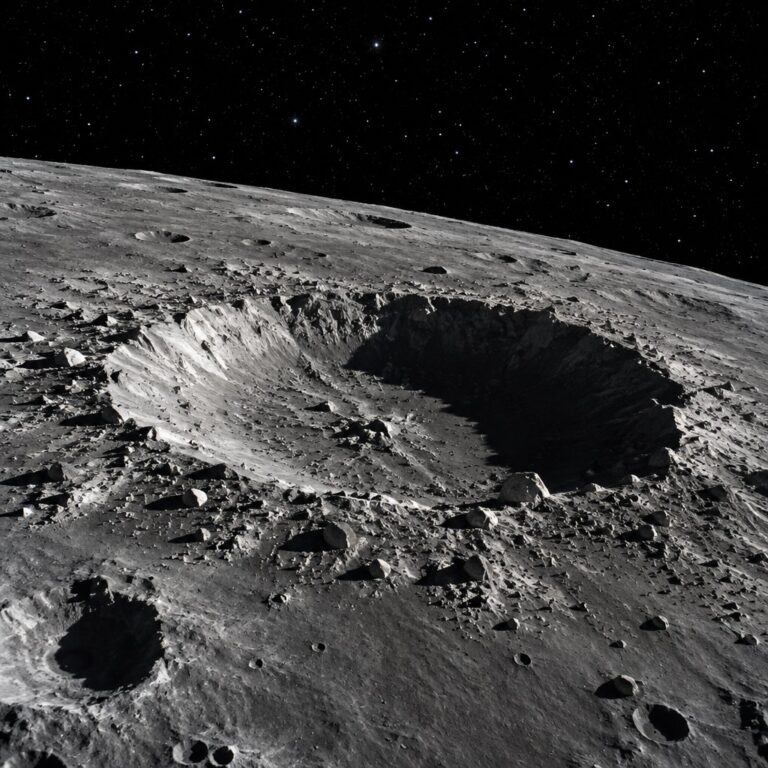 Wide realistic space photograph of a fresh, sharp-edged impact crater on the Moon's gray cratered surface, dramatic side…