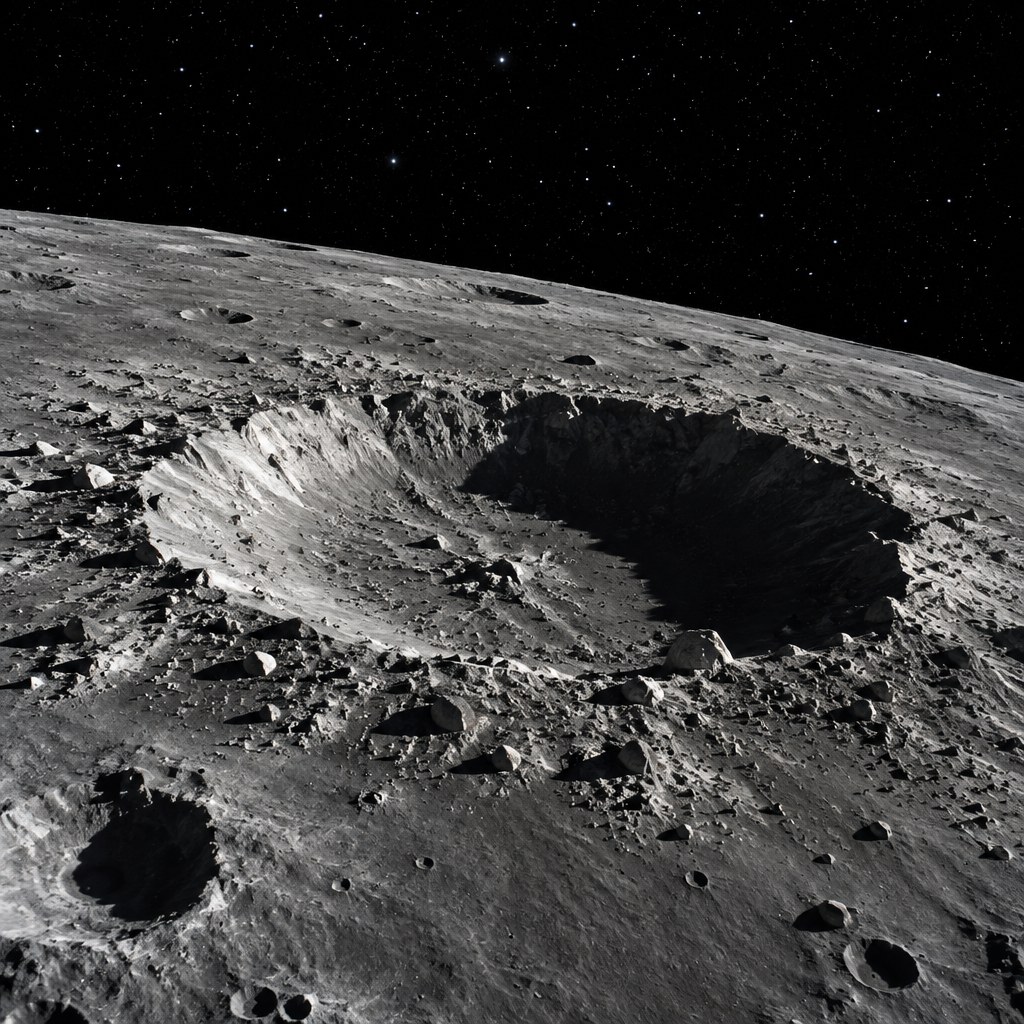 Nova Cratera na Lua Intriga a NASA: Impacto Raro que só Ocorre a Cada Século 2 Ilustração de cratera de impacto recente na superfície da Lua