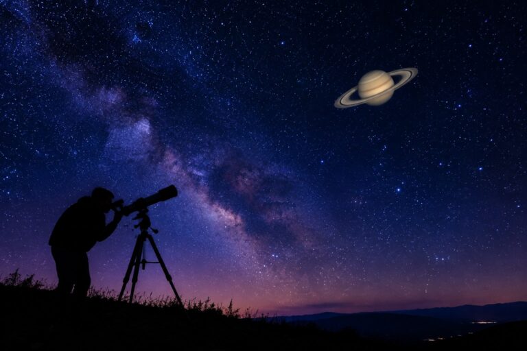 Ilustração de Saturno visível no céu noturno durante a oposição de outubro de 2026, com observador usando telescópio