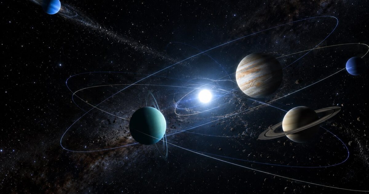 Fim do sistema solar pode chegar bem antes, diz estudo 1 Ilustração do sistema solar no futuro distante, com uma anã branca e planetas gigantes em órbitas caóticas