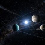 Ilustração do sistema solar no futuro distante, com uma anã branca e planetas gigantes em órbitas caóticas