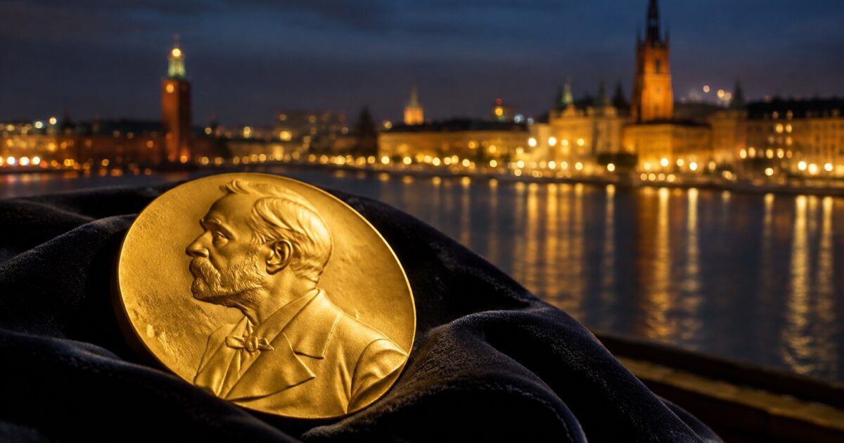 Prêmio Nobel 2026 começa nesta semana em Estocolmo 1 Medalha de ouro do Prêmio Nobel com Estocolmo iluminada ao fundo