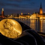 Medalha de ouro do Prêmio Nobel com Estocolmo iluminada ao fundo