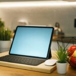 Tablet sobre bancada de cozinha, lembrando o formato de tela do Apple HomeView